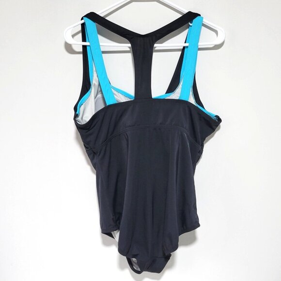 Reebok One Piece Swimsuit 14 Women's Black Blue T-Back Double Straps Padded - Picture 3 of 4